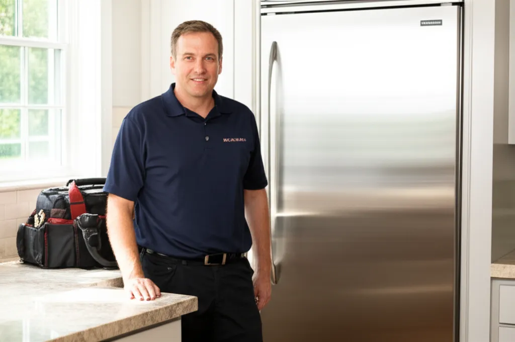 A man in a navy polo shirt standing at a kitchen counter beside a tall stainless refrigerator, a soft tool bag on the worktop