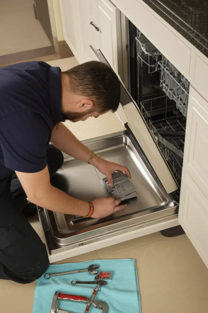 Close view of a person leaning into an open dishwasher, both hands on a part in the base of the stainless tub