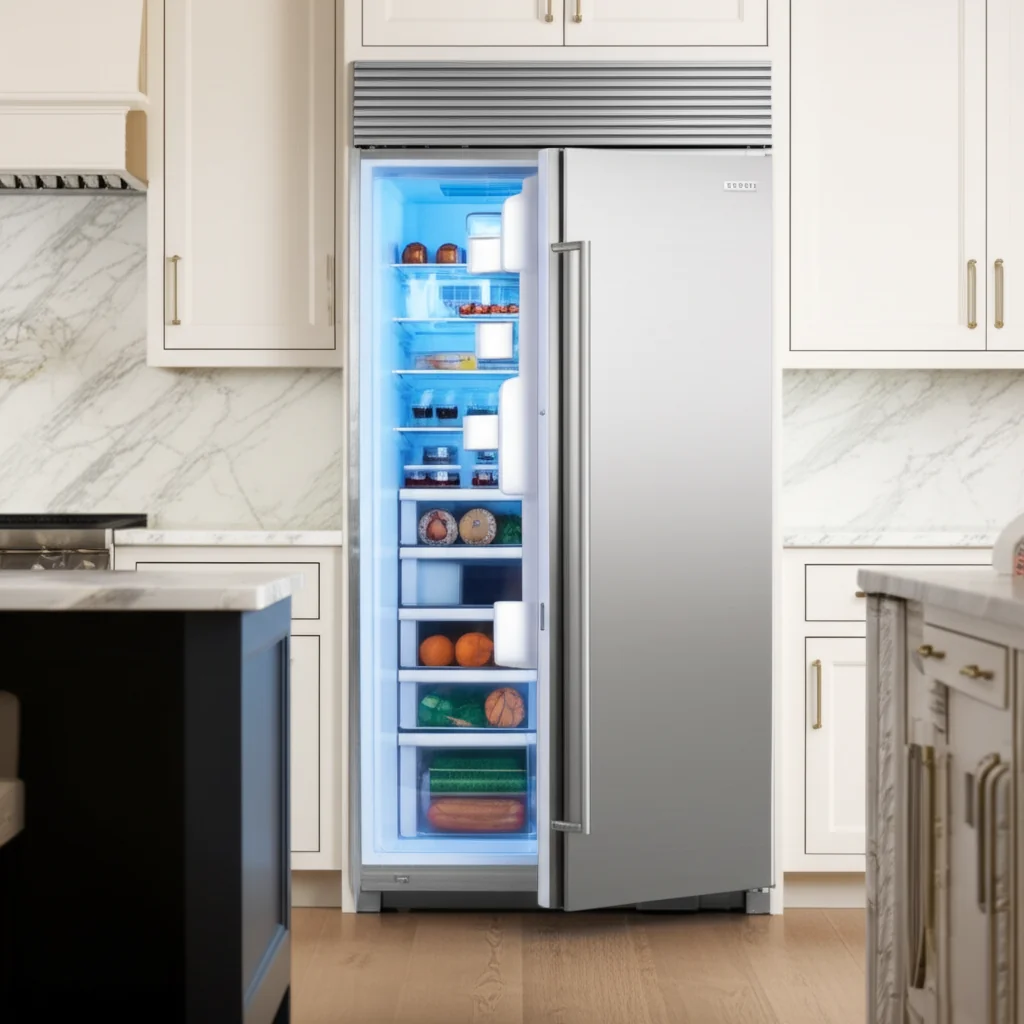 Sub-Zero built-in refrigerator with stainless steel finish in luxury kitchen