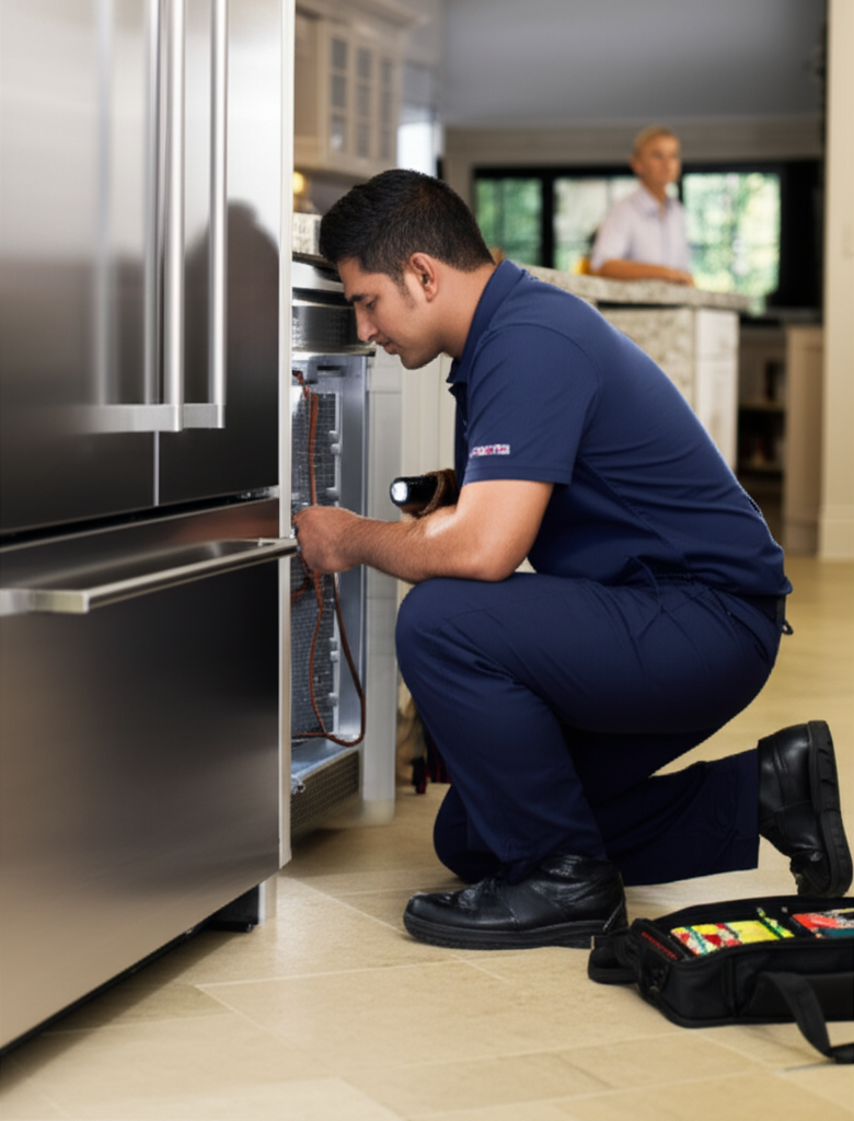 Technician repairing Sub-Zero refrigerator condenser in Brookline home